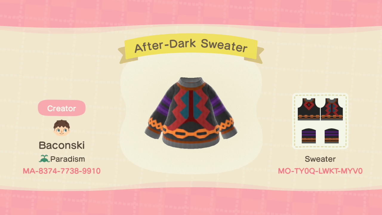 Animal Crossing Design Code: MO-TY0Q-LWKT-MYV0 After-Dark Sweater