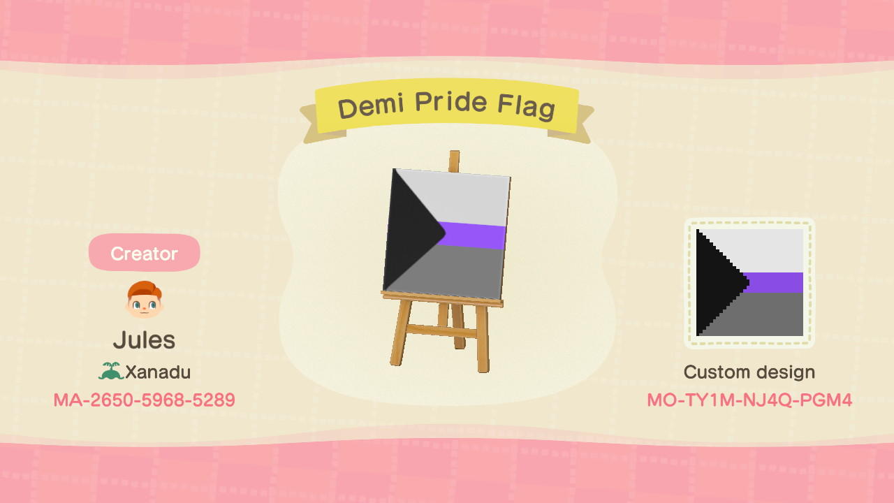 Animal Crossing Design Code: MO-TY1M-NJ4Q-PGM4 Demi Pride Flag