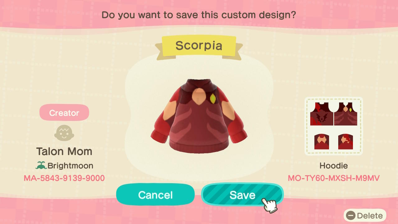 Animal Crossing Design Code: MO-TY60-MXSH-M9MV Scorpia