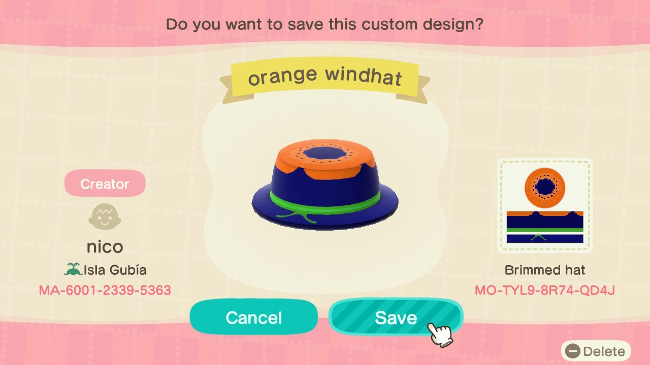 Animal Crossing Design Code: MO-TYL9-8R74-QD4J orange windflowerhat