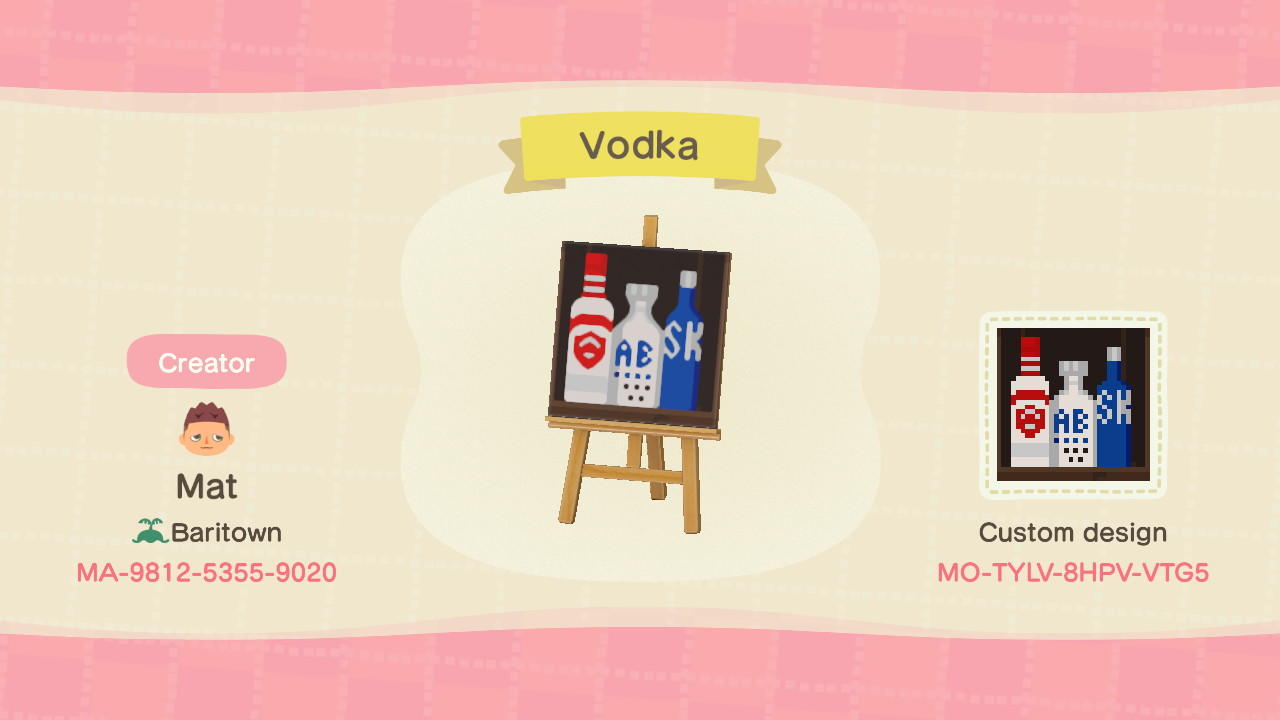 Animal Crossing Design Code: MO-TYLV-8HPV-VTG5 Vodka