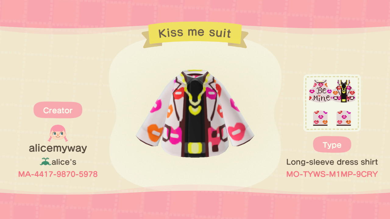Animal Crossing Design Code: MO-TYWS-M1MP-9CRY Kiss me Suit