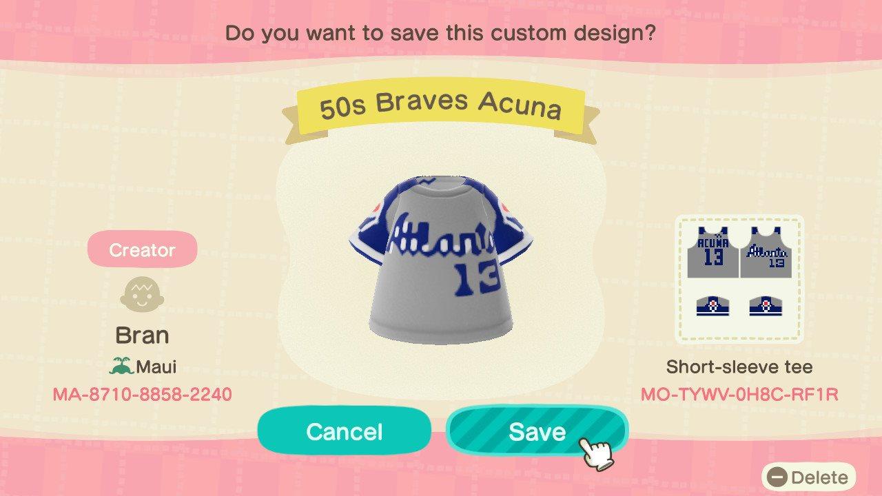 Animal Crossing Design Code: MO-TYWV-0H8C-RF1R 50s Braves Acuna