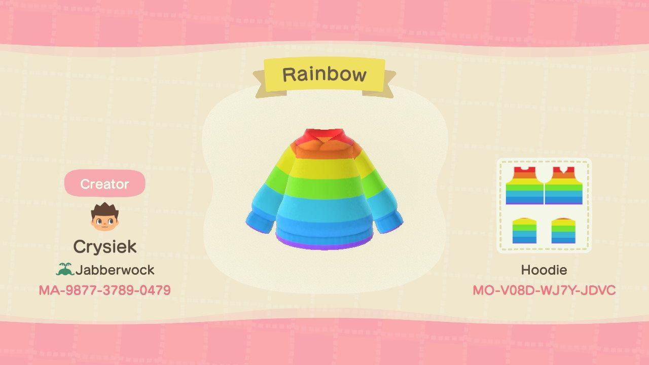 Animal Crossing Design Code: MO-V08D-WJ7Y-JDVC Rainbow Hoodie