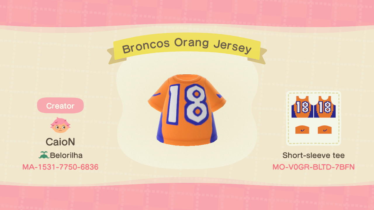 Animal Crossing Design Code: MO-V0GR-BLTD-7BFN Broncos Orang Jersey