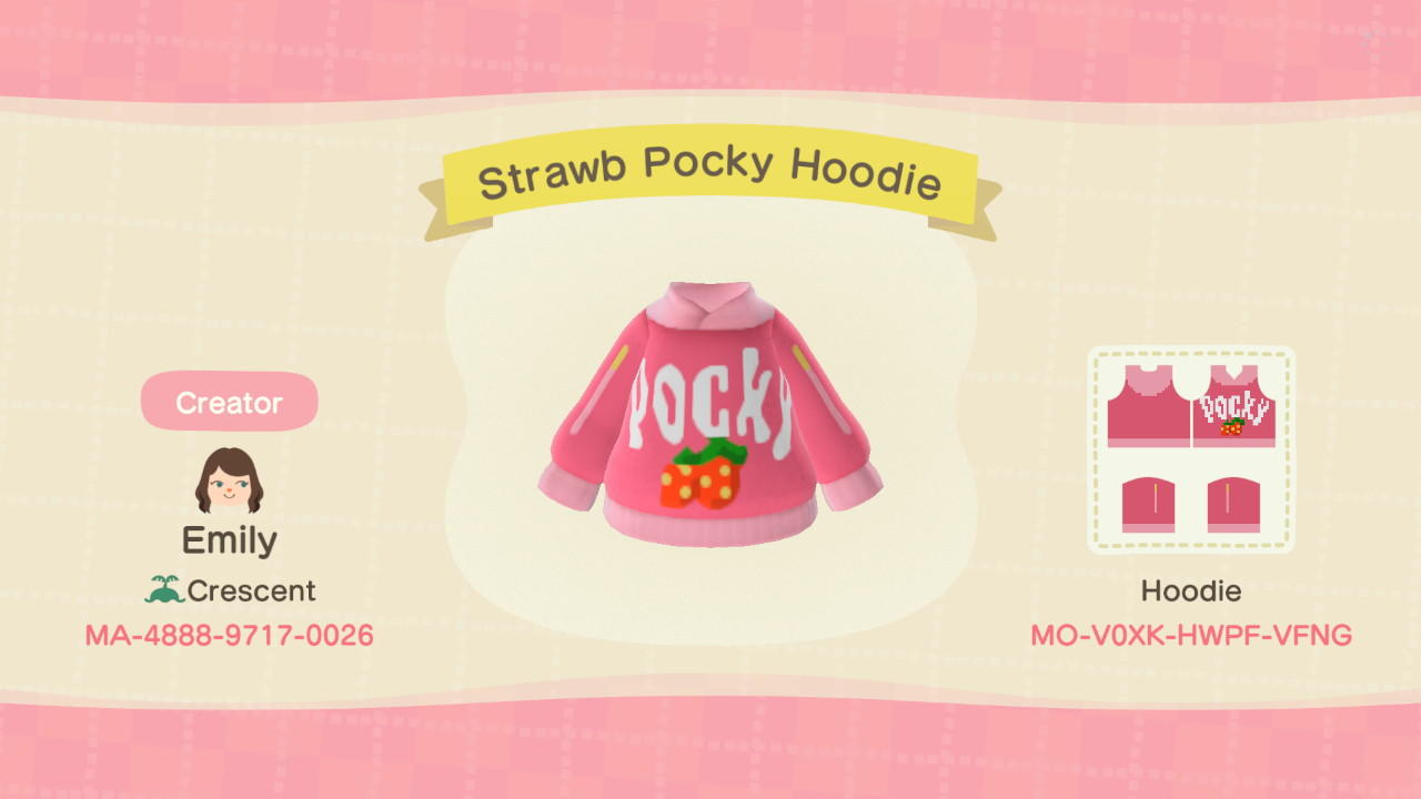 Animal Crossing Design Code: MO-V0XK-HWPF-VFNG Strawb Pocky Hoodie
