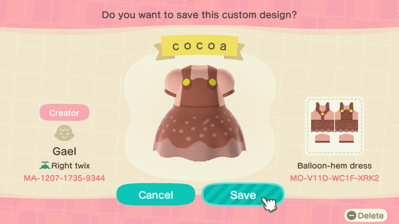Animal Crossing Design Code: MO-V11D-WC1F-XRK2 c o c o a