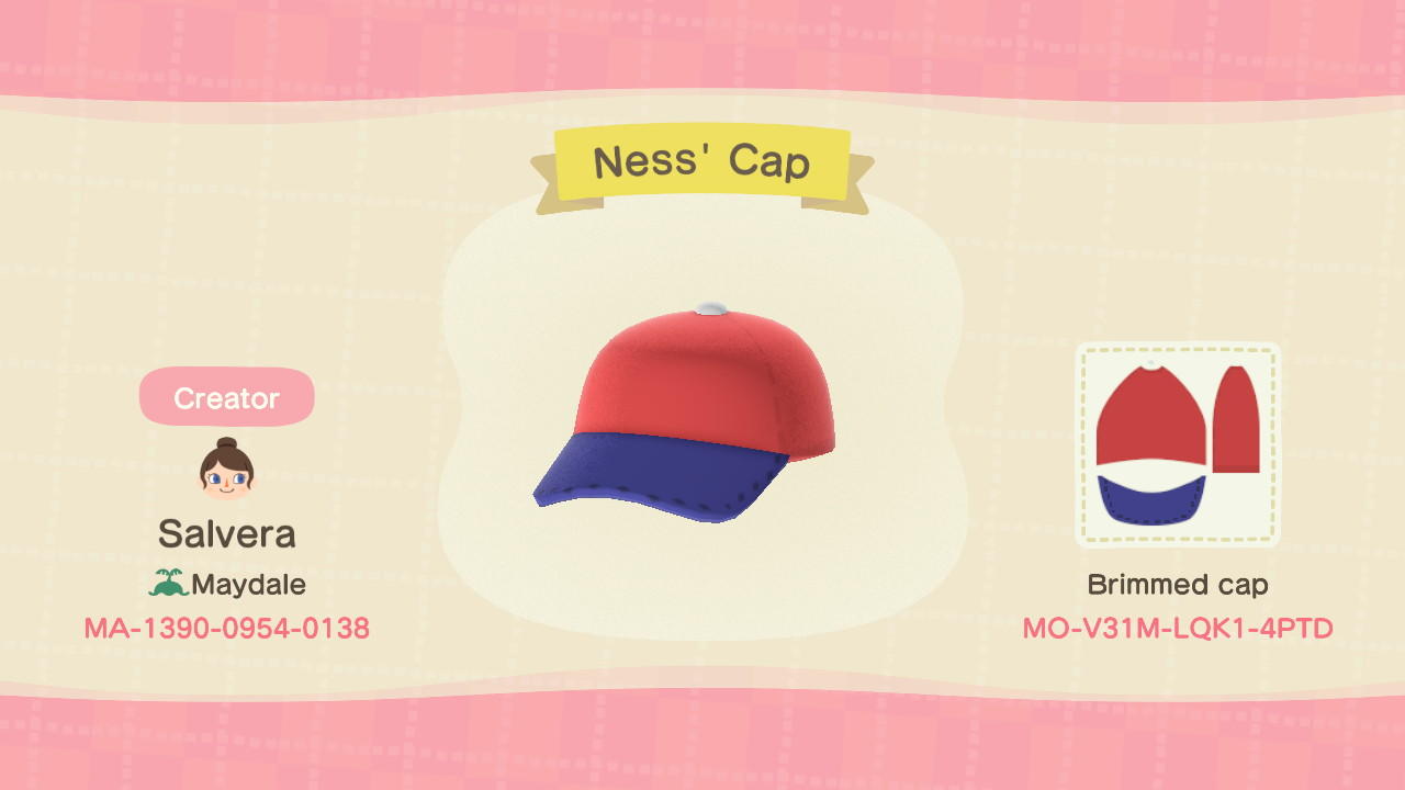 Animal Crossing Design Code: MO-V13M-LQK1-4PTD Ness&#39; Cap