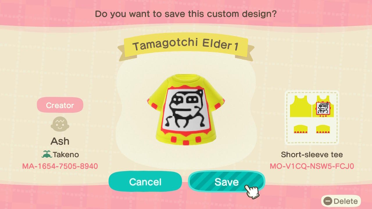 Animal Crossing Design Code: MO-V1CQ-NSW5-FCJ0 Tamagotchi Elder 1