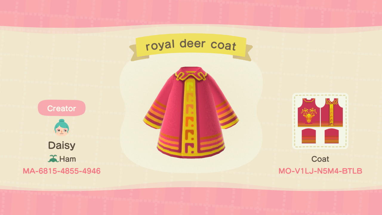Animal Crossing Design Code: MO-V1LJ-N5M4-BTLB royal deer coat