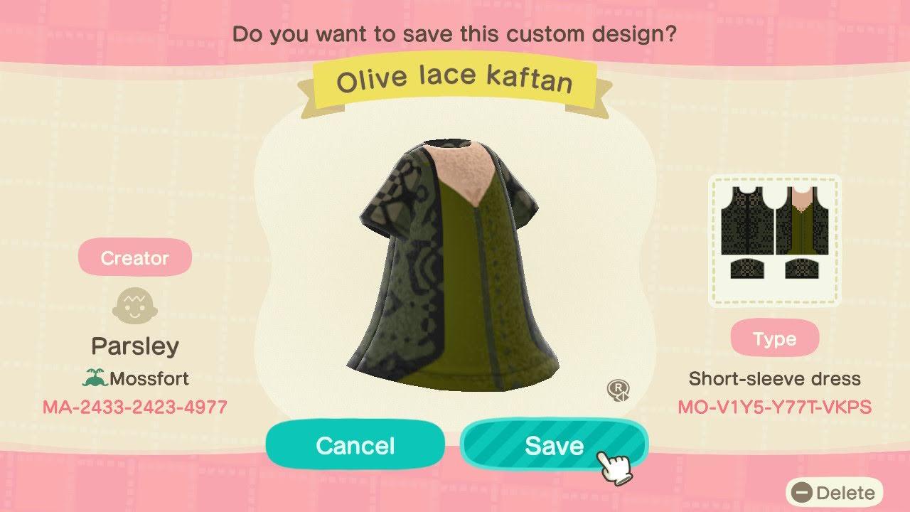 Animal Crossing Design Code: MO-V1Y5-Y77T-VKPS Olive lave kaftan