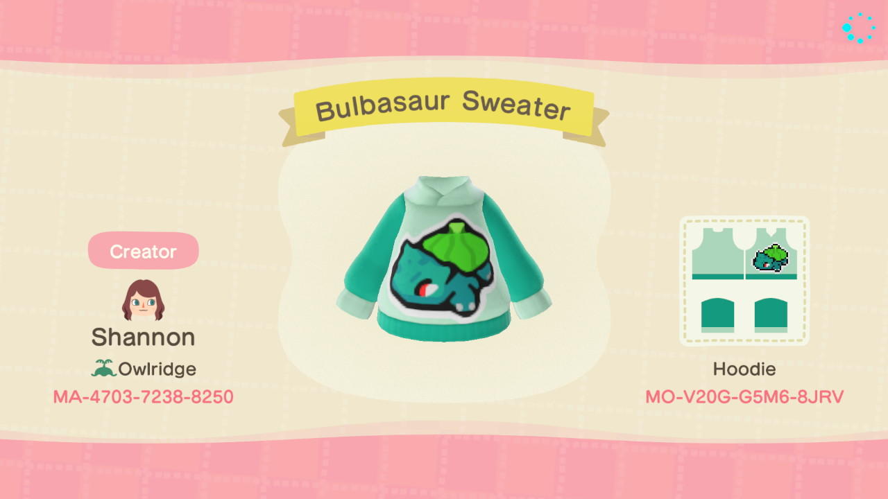 Animal Crossing Design Code: MO-V20G-G5M6-8JRV Bulbasaur Hoodie