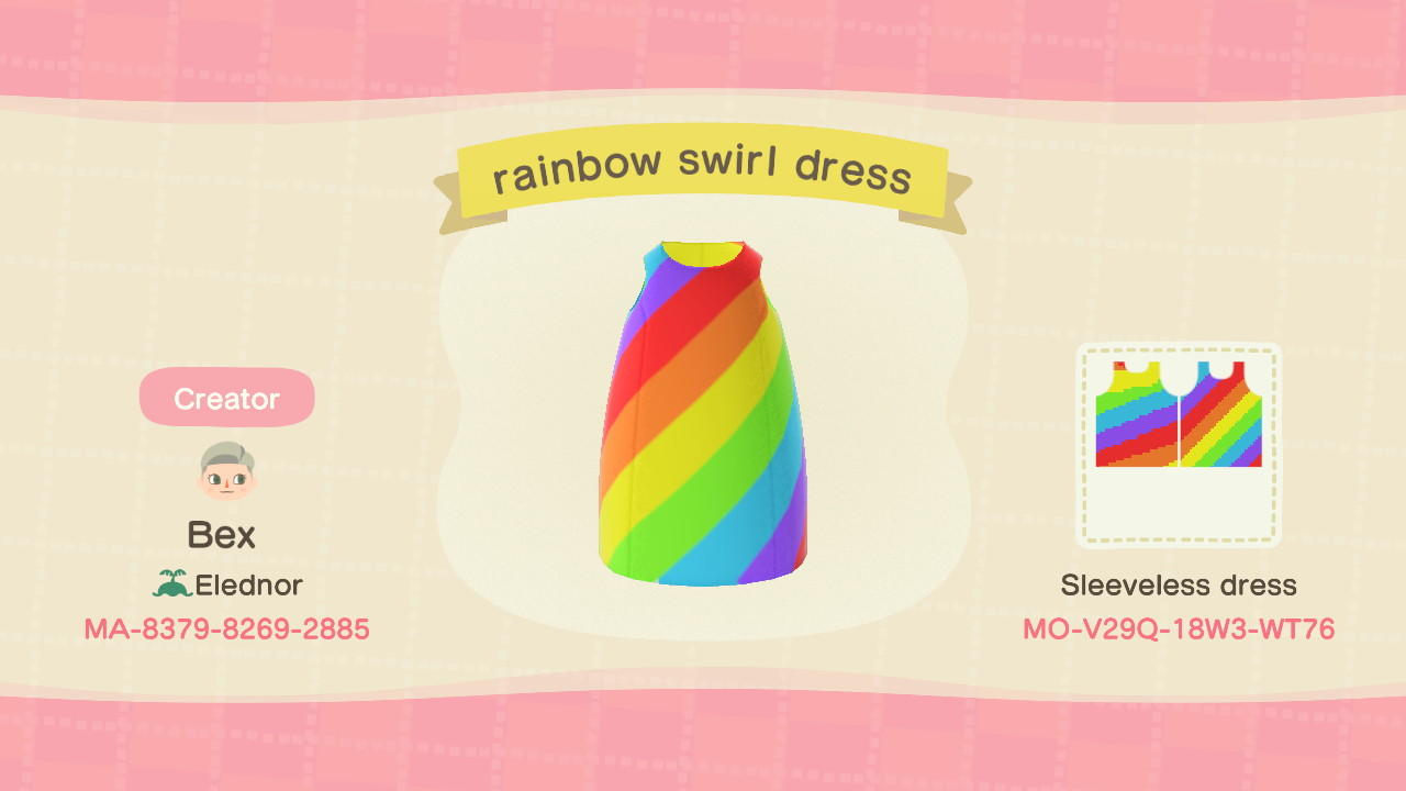 Animal Crossing Design Code: MO-V29Q-18W3-WT76 Rainbow swirl dress