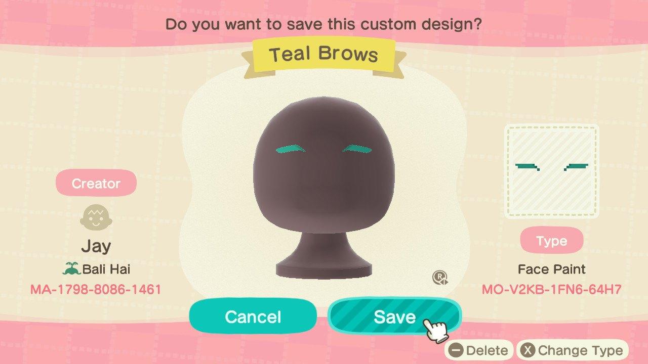 Animal Crossing Design Code: MO-V2KB-1FN6-64H7 Teal Brows