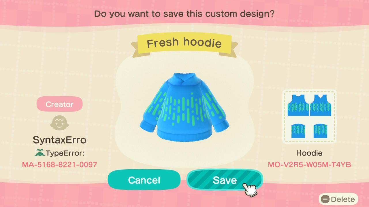 Animal Crossing Design Code: MO-V2R5-W05M-T4YB Fresh Hoodie