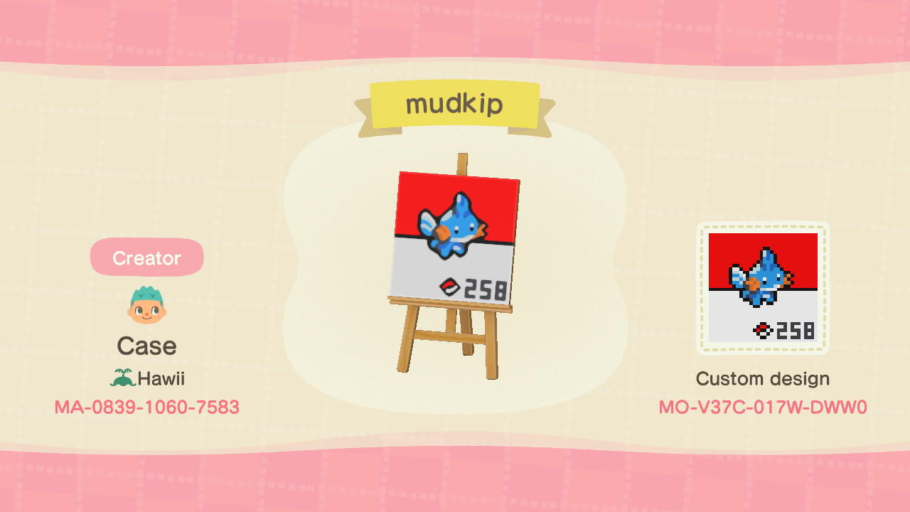 Animal Crossing Design Code: MO-V37C-017W-DWW0 mudkip