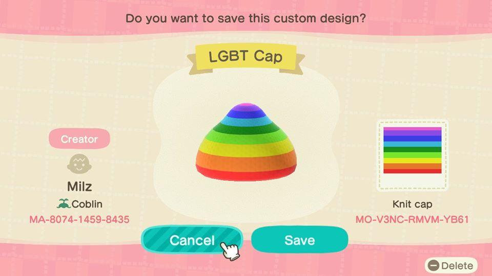 Animal Crossing Design Code: MO-V3NC-RMVM-YB61 LGBT Cap