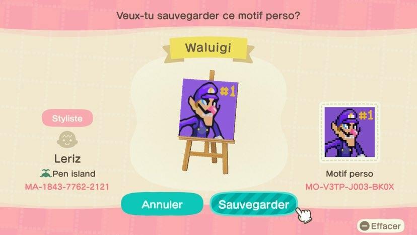Animal Crossing Design Code: MO-V3TP-J003-BK0X Waluigi