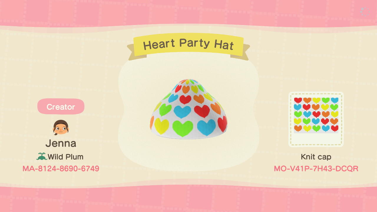 Animal Crossing Design Code: MO-V41P-7H43-DCQR Heart Party Hat