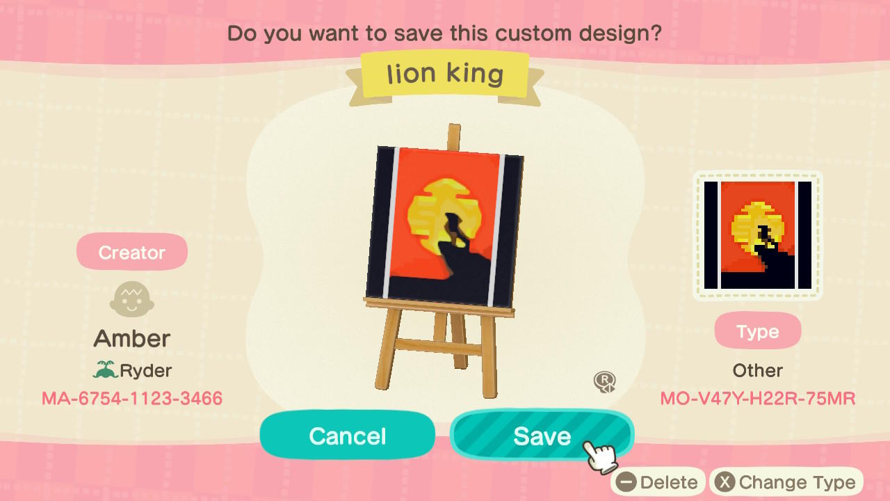 Animal Crossing Design Code: MO-V47Y-H22R-75MR Lion King Poster