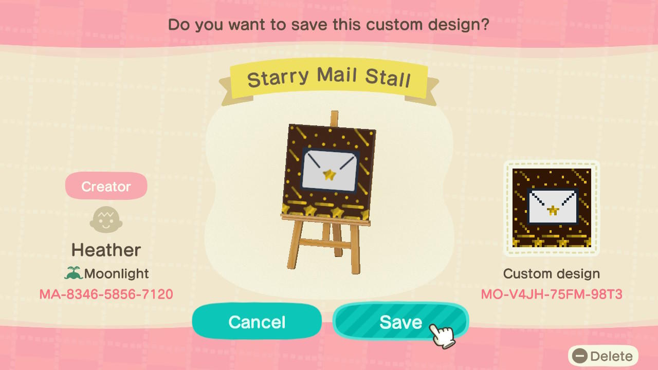 Animal Crossing Design Code: MO-V4JH-75FM-98T3 Starry Mail Stall