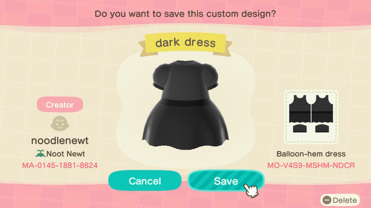 Animal Crossing Design Code: MO-V4S9-MSHM-NDCR Dark Dress