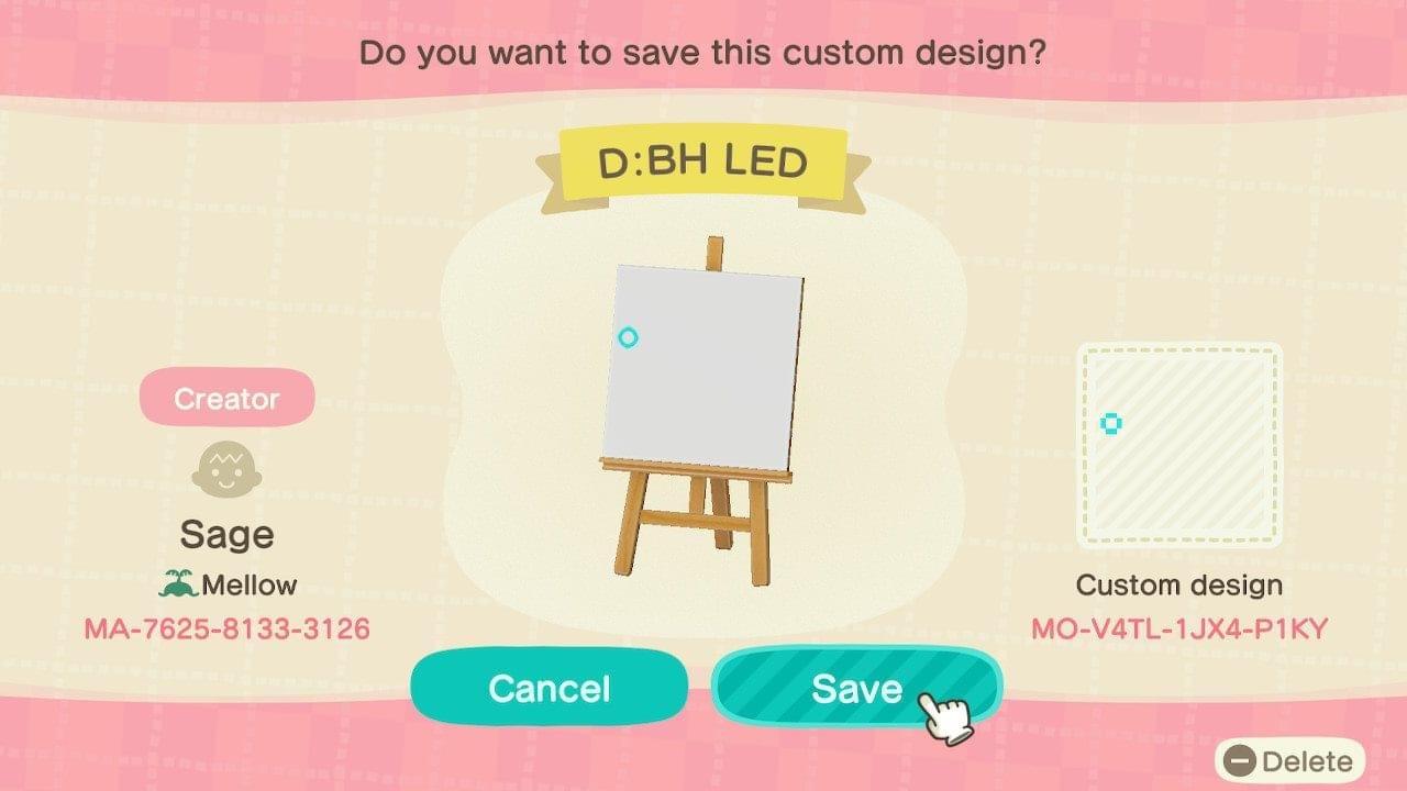 Animal Crossing Design Code: MO-V4TL-1JX4-P1KY D:BH LED