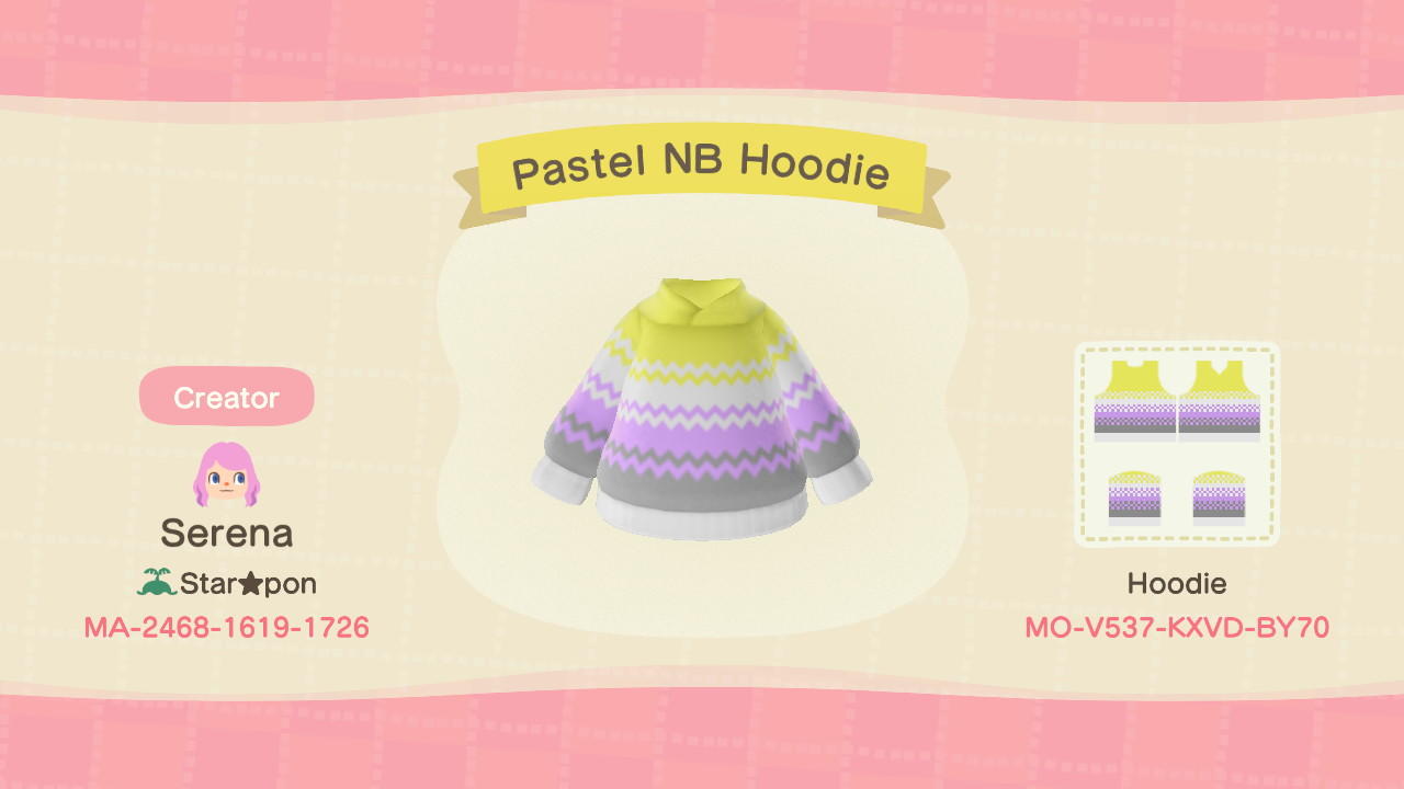 Animal Crossing Design Code: MO-V537-KXVD-BY70 Pastel NB Hoodie