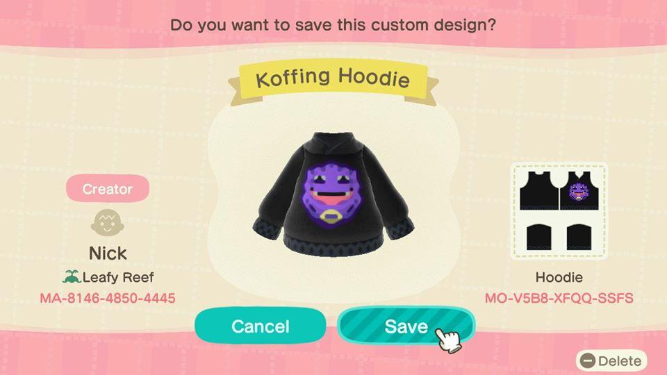 Animal Crossing Design Code: MO-V5B8-XFQQ-SSFS Koffing Hoodie
