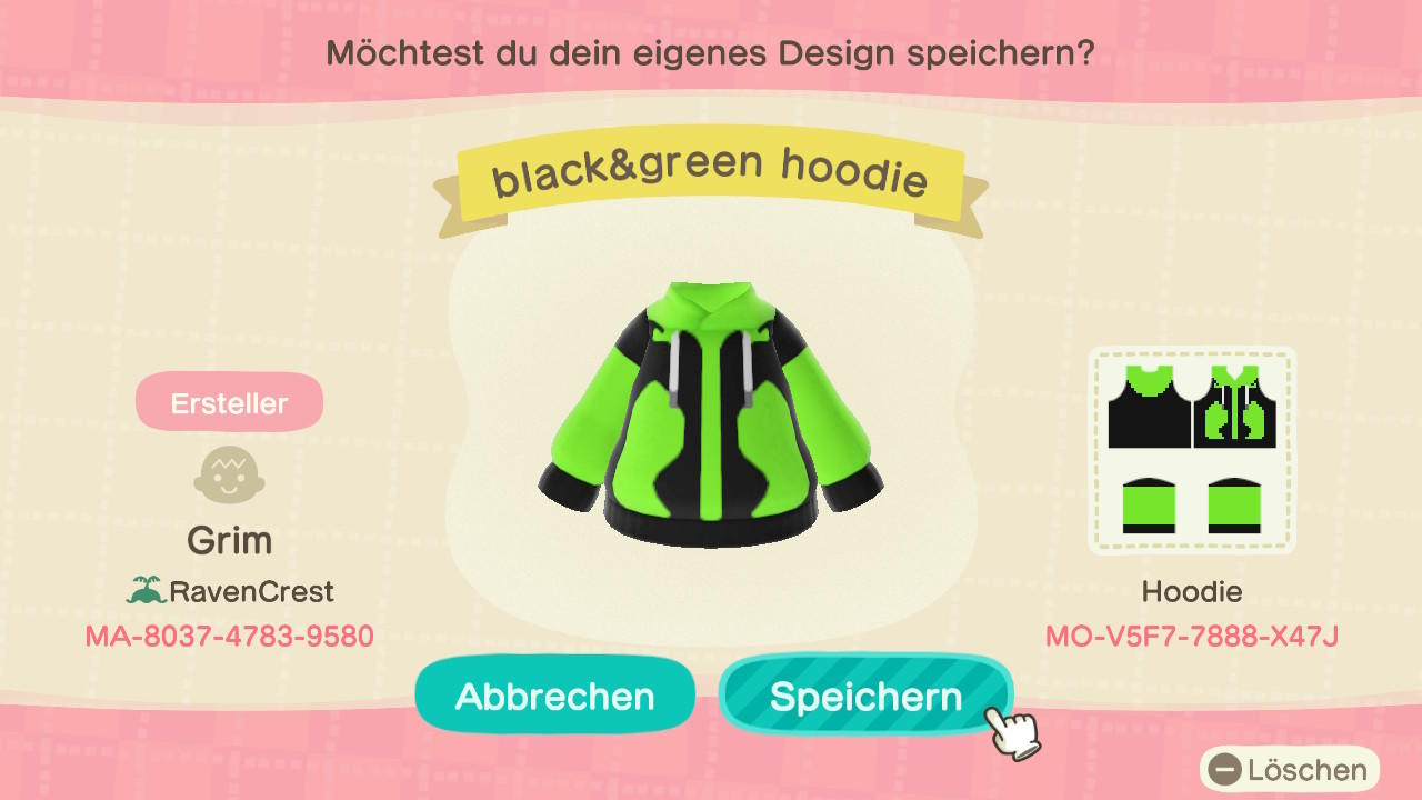 Animal Crossing Design Code: MO-V5F7-7888-X47J black&green hoodie