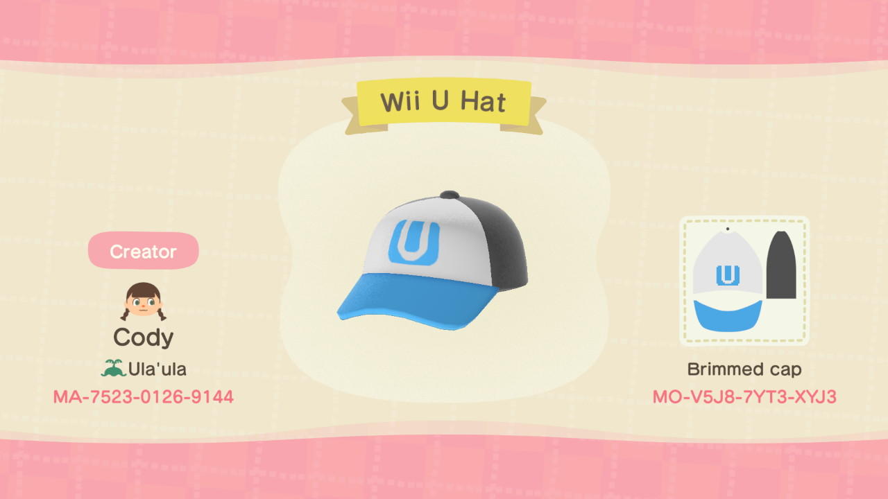 Animal Crossing Design Code: MO-V5J8-7YT3-XYJ3 Wii U Hat
