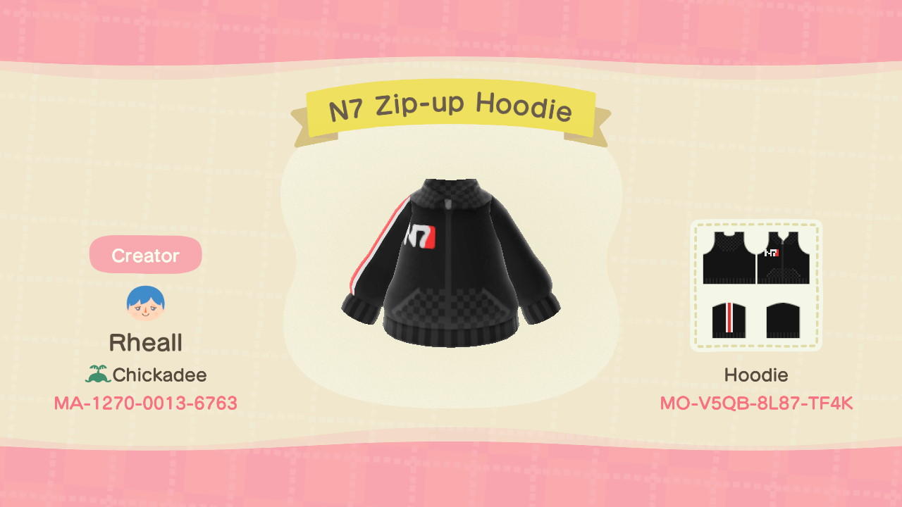 Animal Crossing Design Code: MO-V5QB-8L87-TF4K N7 Zip-Up Hoodie