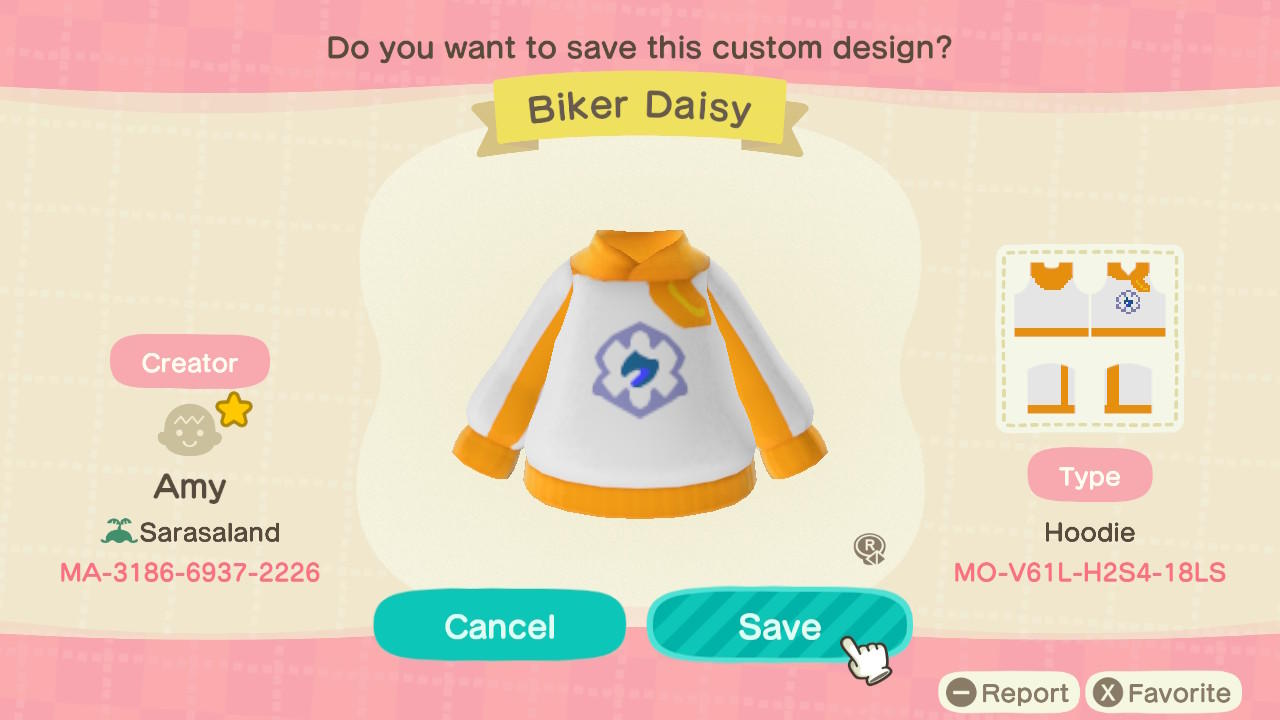 Animal Crossing Design Code: MO-V61L-H2S4-18LS Biker Daisy