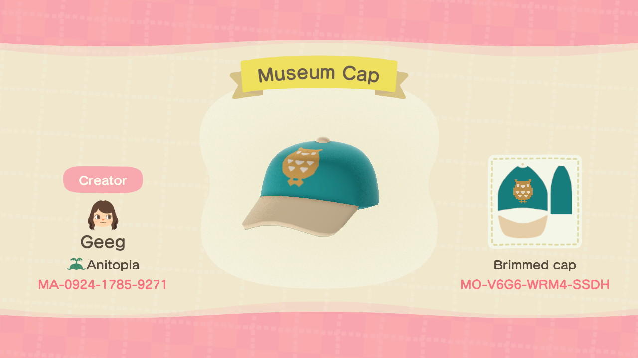 Animal Crossing Design Code: MO-V6G6-WRM4-SSDH Museum Cap