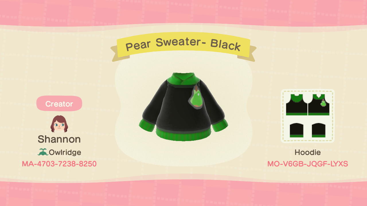 Animal Crossing Design Code: MO-V6GB-JQGF-LYXS Black Pear Hoodie