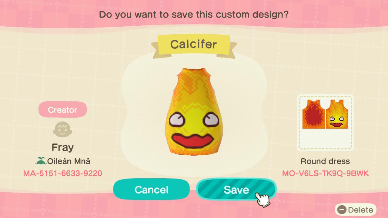 Animal Crossing Design Code: MO-V6LS-TK9Q-9BWK Calcifer Dress