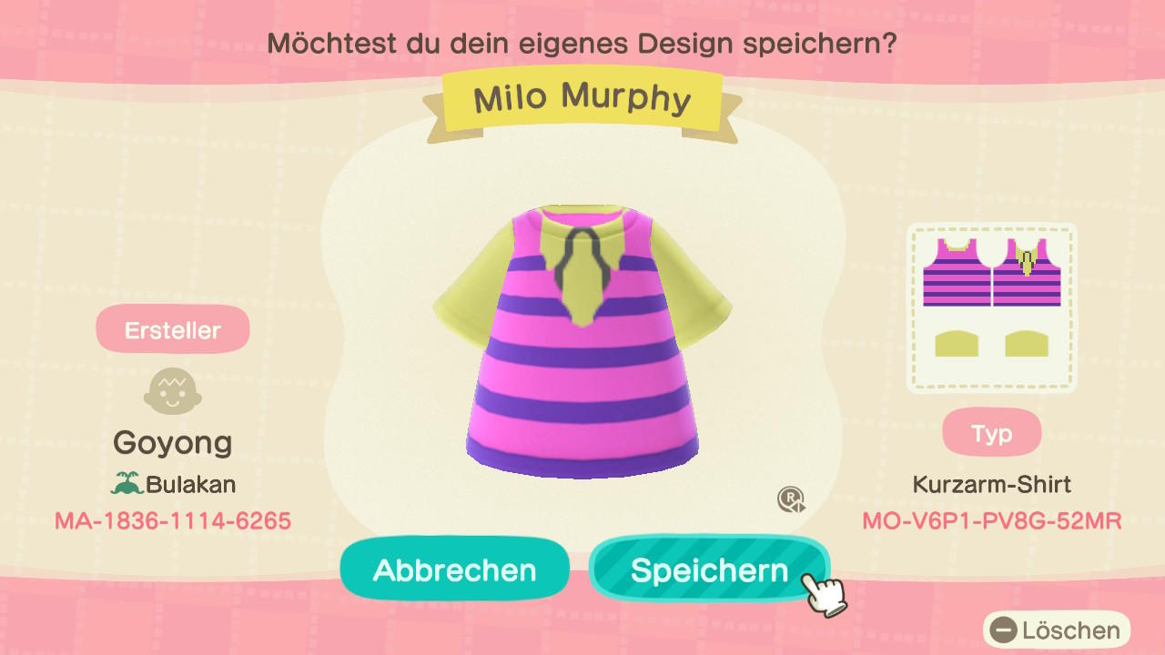 Animal Crossing Design Code: MO-V6P1-PV8G-52MR Milo Murphy