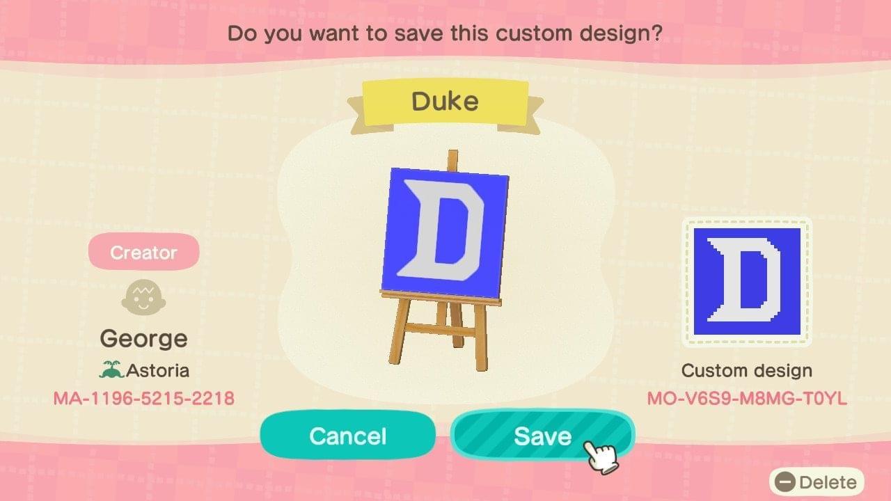 Animal Crossing Design Code: MO-V6S9-M8MG-T0YL Duke