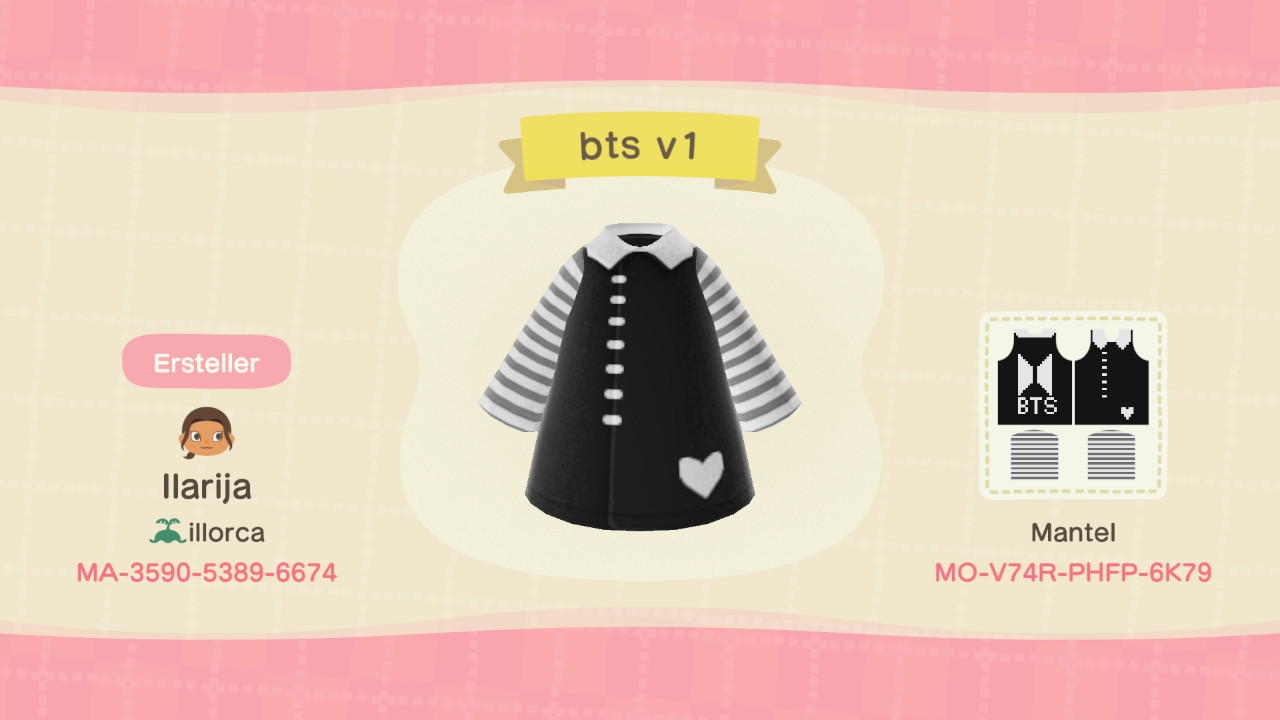 Animal Crossing Design Code: MO-V74R-PHFP-6K79 BTS clothing