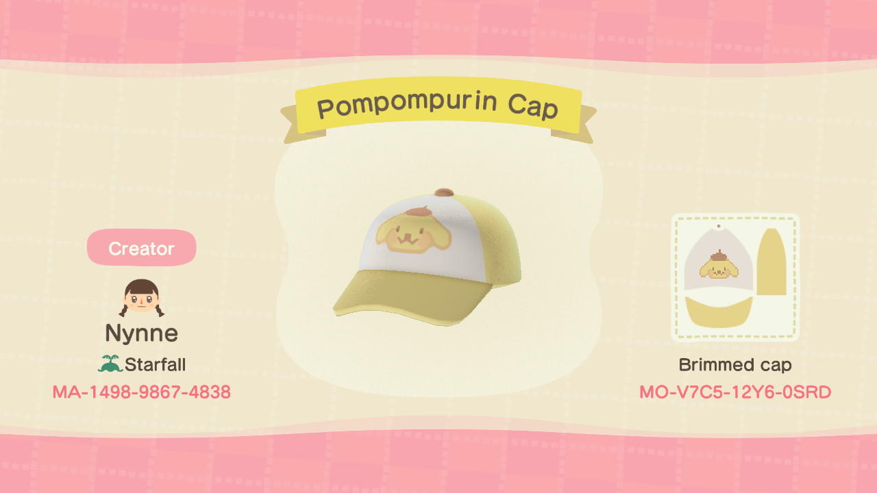 Animal Crossing Design Code: MO-V7C5-12Y6-0SRD Pompompurin Cap