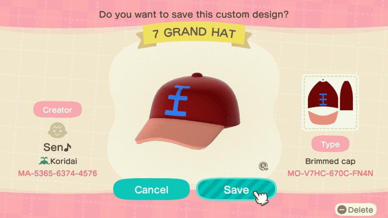 Animal Crossing Design Code: MO-V7HC-670C-FN4N 7 GRAND HAT
