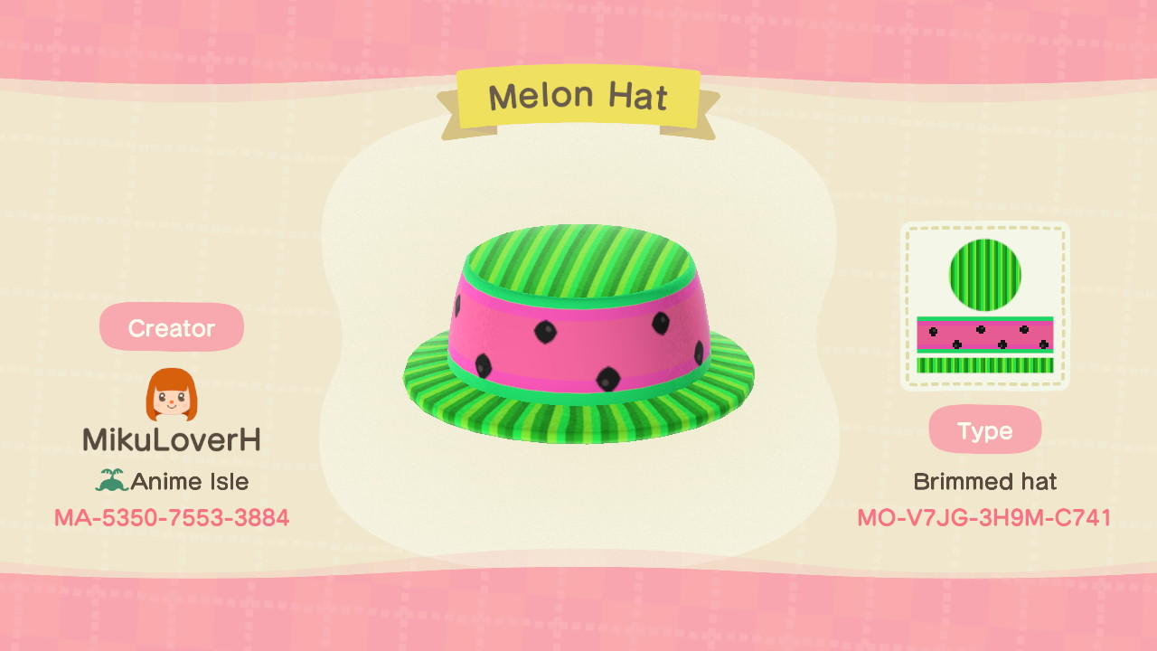 Animal Crossing Design Code: MO-V7JG-3H9M-C741 Melon Hat