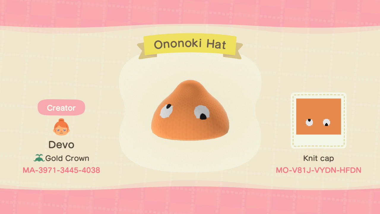 Animal Crossing Design Code: MO-V81J-VYDN-HFDN Ononoki Hat