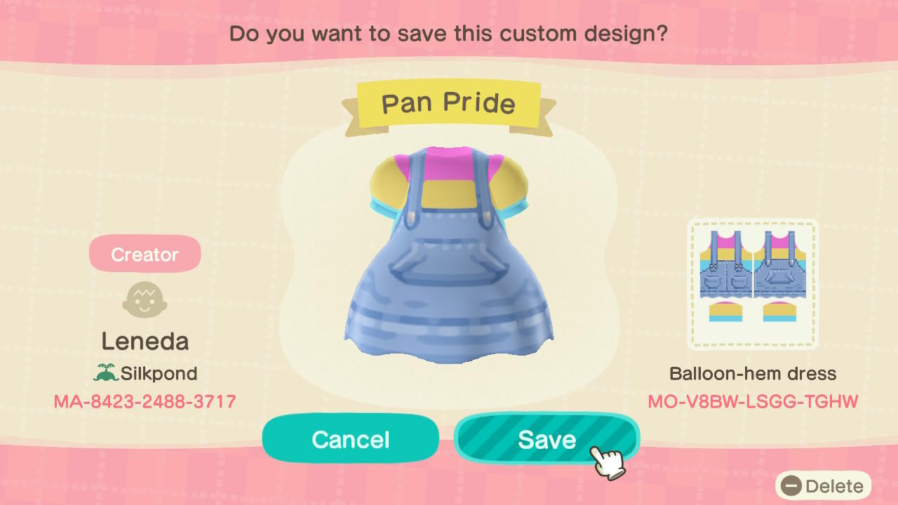 Animal Crossing Design Code: MO-V8BW-LSGG-TGHW Pan Pride Overalls