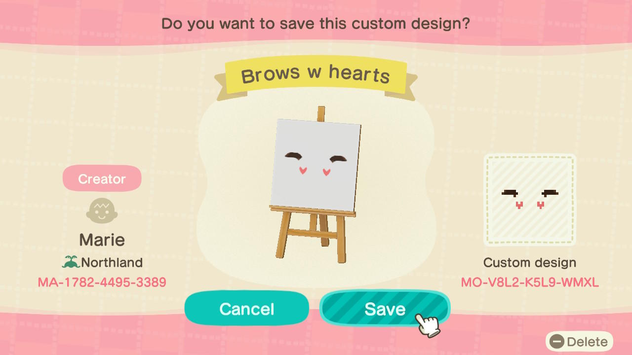 Animal Crossing Design Code: MO-V8L2-K5L9-WMXL Brows w hearts