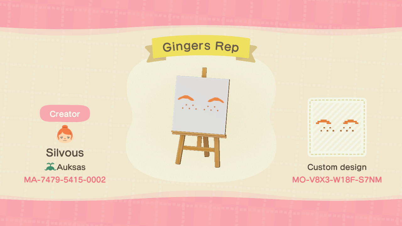 Animal Crossing Design Code: MO-V8X3-W18F-S7NM Ginger's Rep