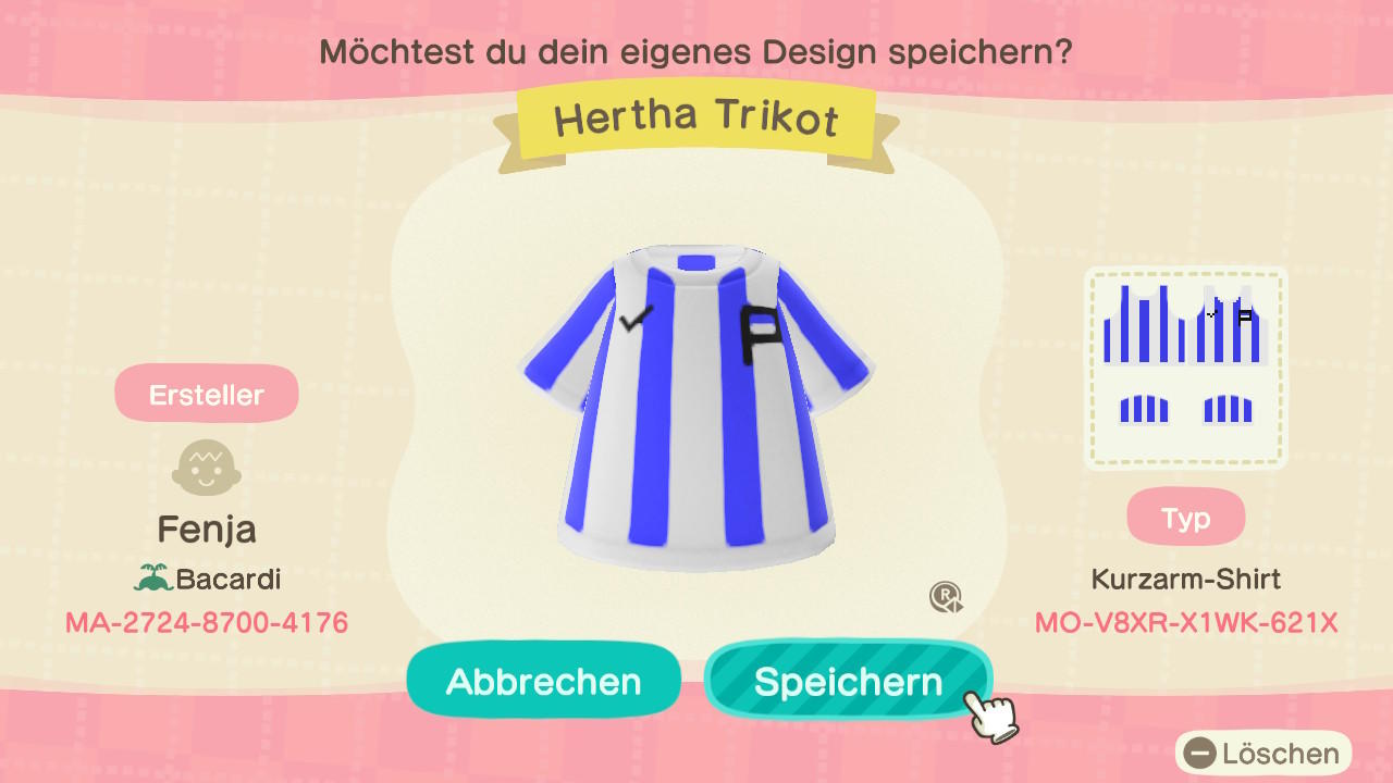 Animal Crossing Design Code: MO-V8XR-X1WK-621X Hertha Trikot