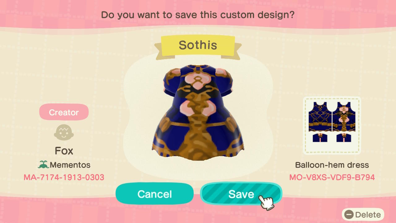 Animal Crossing Design Code: MO-V8XS-VDF9-B794 Sothis