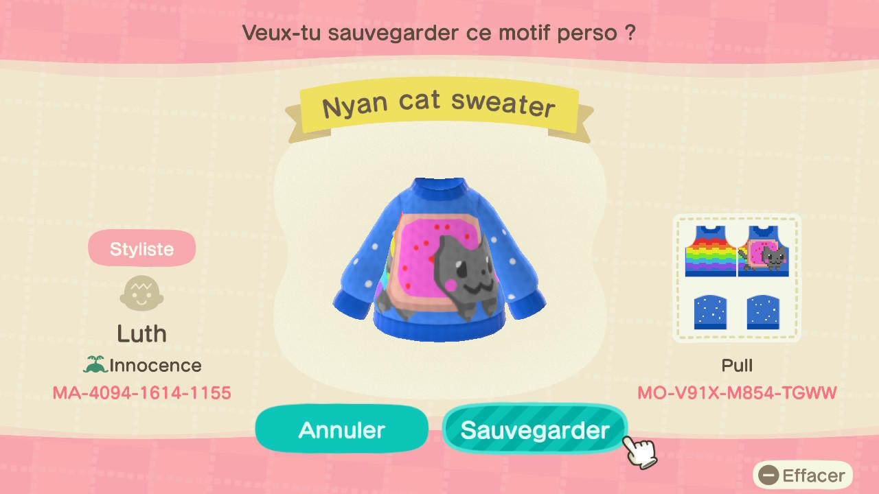Animal Crossing Design Code: MO-V91X-M854-TGWW Nyan Cat Sweater