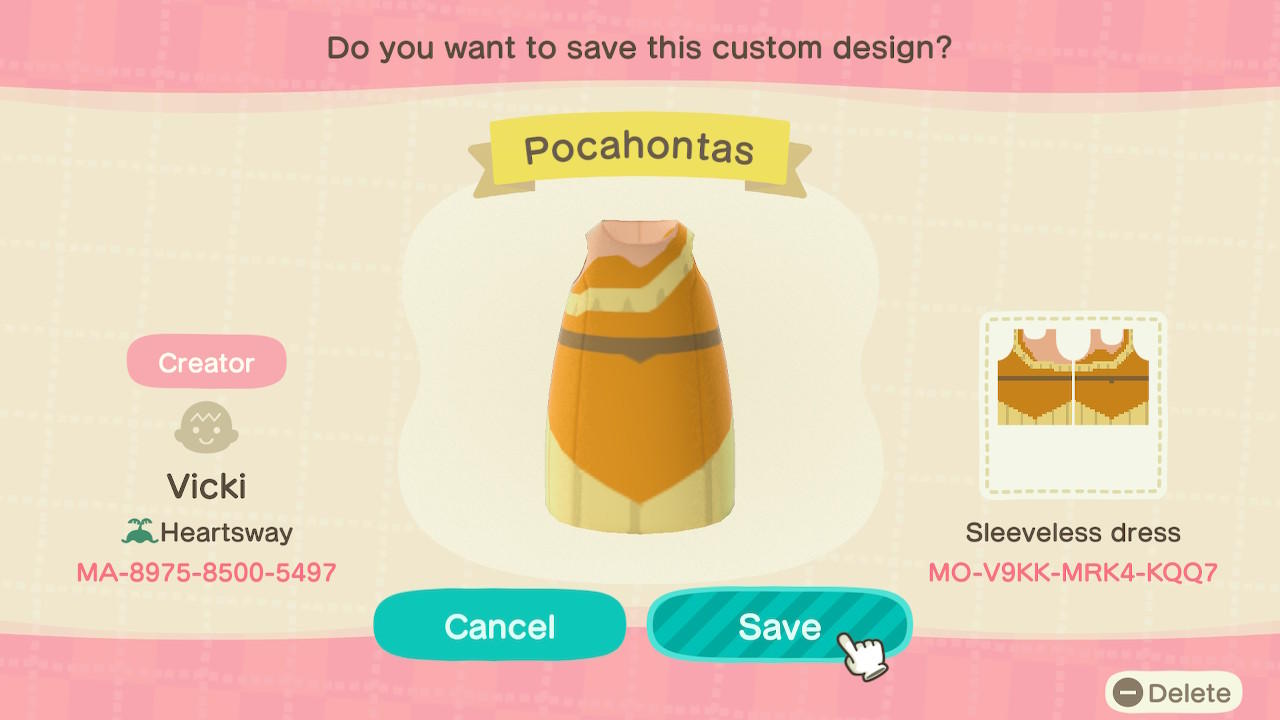 Animal Crossing Design Code: MO-V9KK-MRK4-KQQ7 Disney Pocahontas